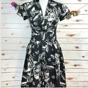 MERONA retro black & white floral cotton cap sleeve midi dress Sz XXL